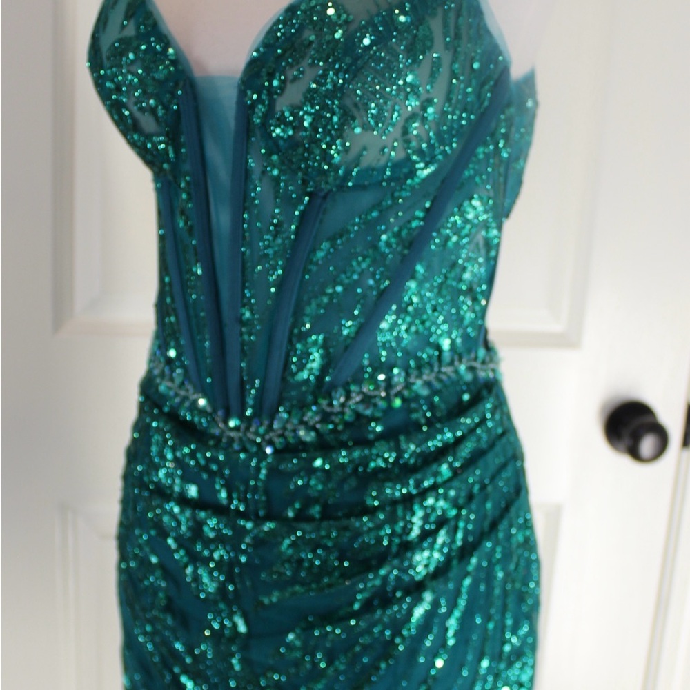 Sparkly Dark Teal Bodycon Corset Short Homecoming Dress With Sequins
Size 6 - Picture 14 of 16